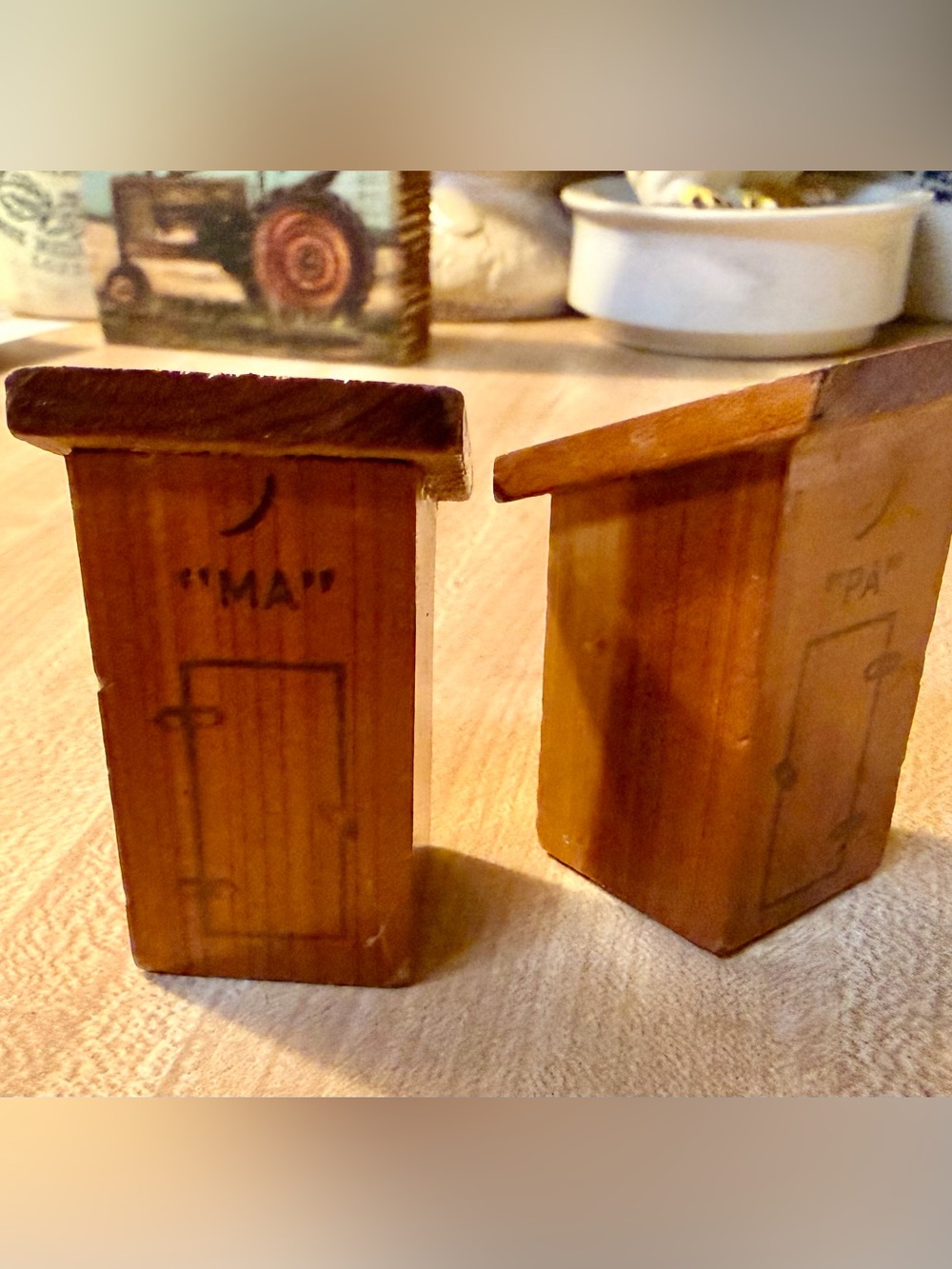 Pair of Vintage Wooden Mini Outhouse Salt & Pepper Shakers - Brown